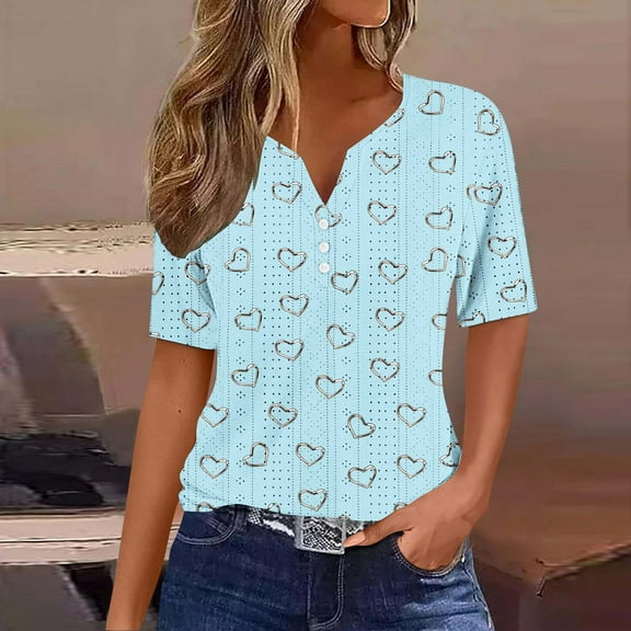 ALLLIST Womens Tops Blue Button Short Sleeve V-Neck Graphic T-Shirts Women Blouses Dressy Casual XXL