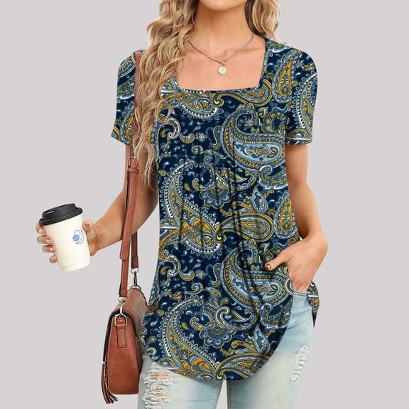 ALLLIST Womens Tops Blue Short Sleeve Graphic Square Neckline T-Shirts Dress Blouses for Women XL