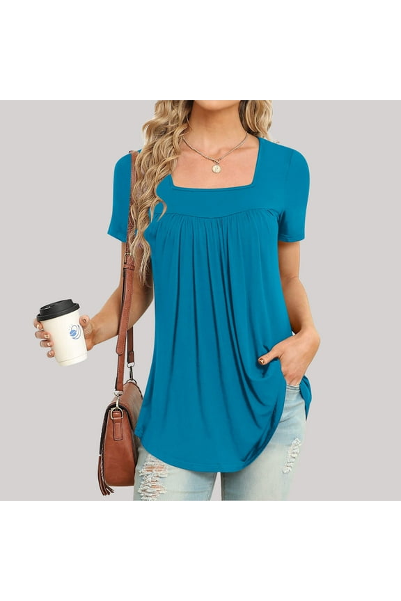 Womens Tops Casual Short Sleeve Blue Square Neckline Loose Pleated Blouses Solid Tees