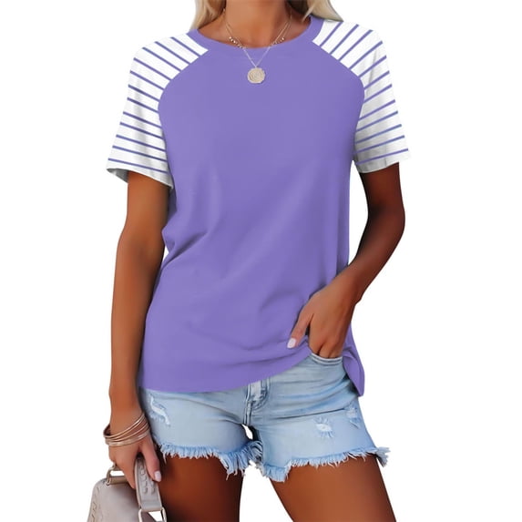ALLLIST Womens Tops Blue Crew Neck Striped Short Sleeve T-Shirts Spring Blouse
