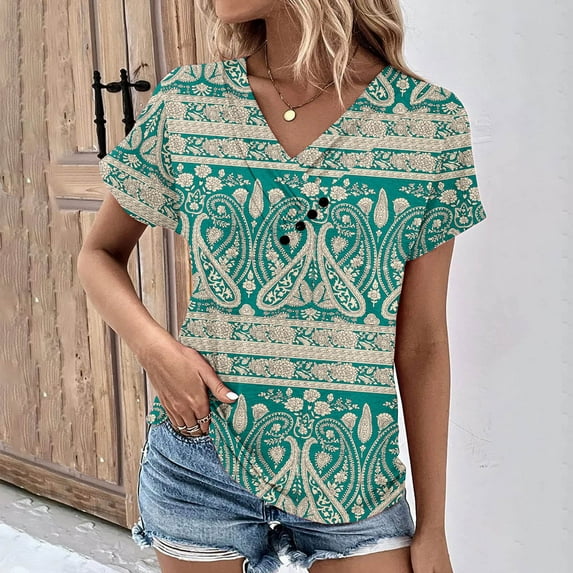 ALLLIST Womens Tops Clearance Green V-Neck Graphic Button Short Sleeve T-Shirts Spring Blouse XL