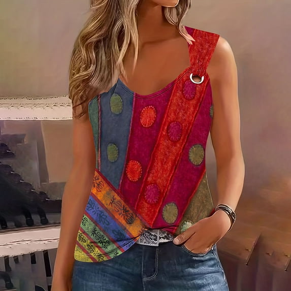 ALLLIST Womens Tops Clearance Red Sleeveless Graphic V-Neck Tank Tops Tank Top L