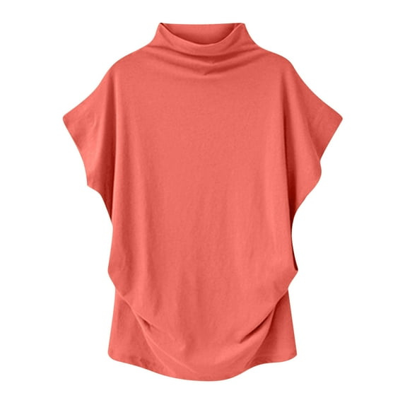 ALLLIST Womens Tops Red Solid High Neck Short Sleeve T-Shirts Blouses & Button-Down Shirts