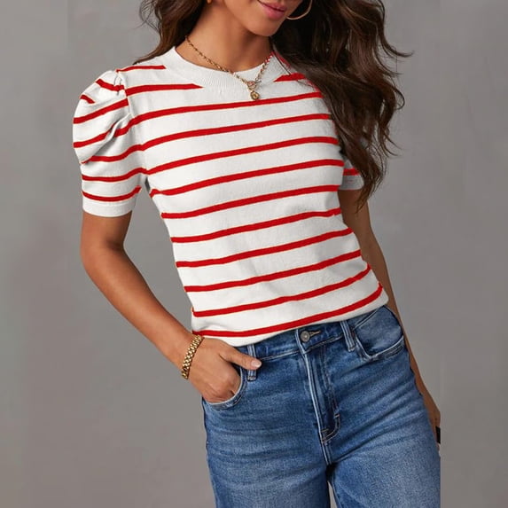 ALLLIST Womens Tops Clearance Red Striped Crew Neck Short Sleeve Casual T-Shirts Spring Blouse XL