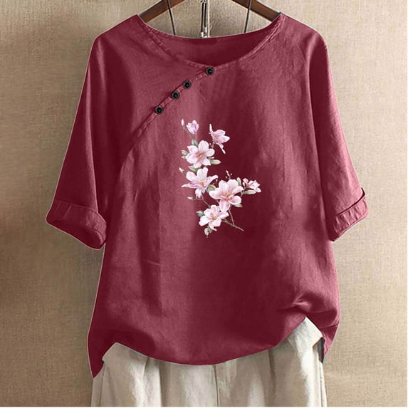 ALLLIST Womens Tops Clearance Short Sleeve Red Scoop Neck Graphic Button T-Shirts Casual Tshirt Dress Women