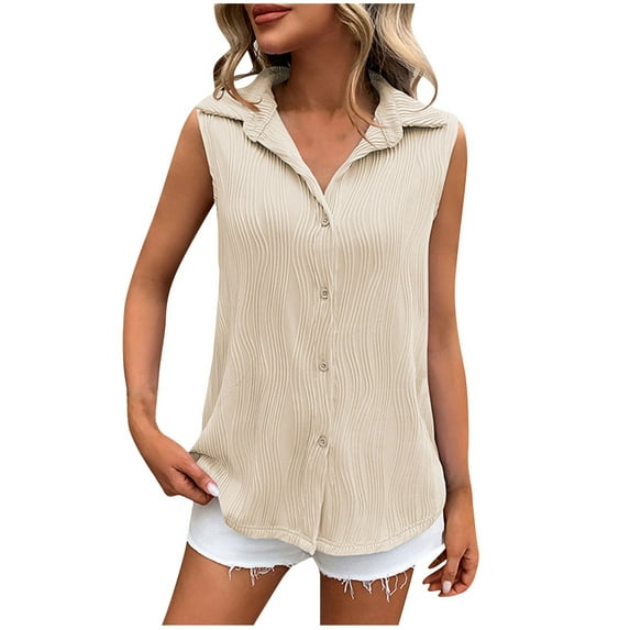 ALLLIST Womens Tops Clearance Under $10 Beige Ribbed V-Neck Solid Button Sleeveless Tank Tops Tank Tops for Women M