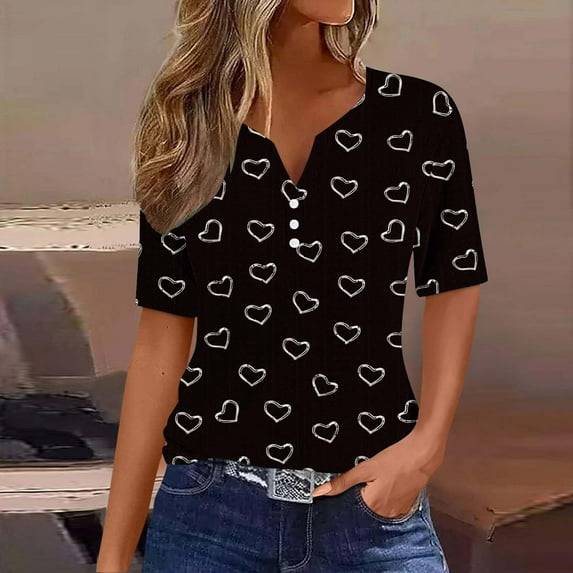 ALLLIST Womens Tops Under $10 Black Button Graphic Short Sleeve V-Neck T-Shirts Blouses for Women XL