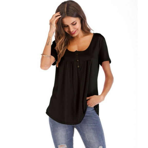 ALLLIST Womens Tops Clearance Under $10 Black Scoop Neck Solid Short Sleeve Button T-Shirts Spring Blouse L
