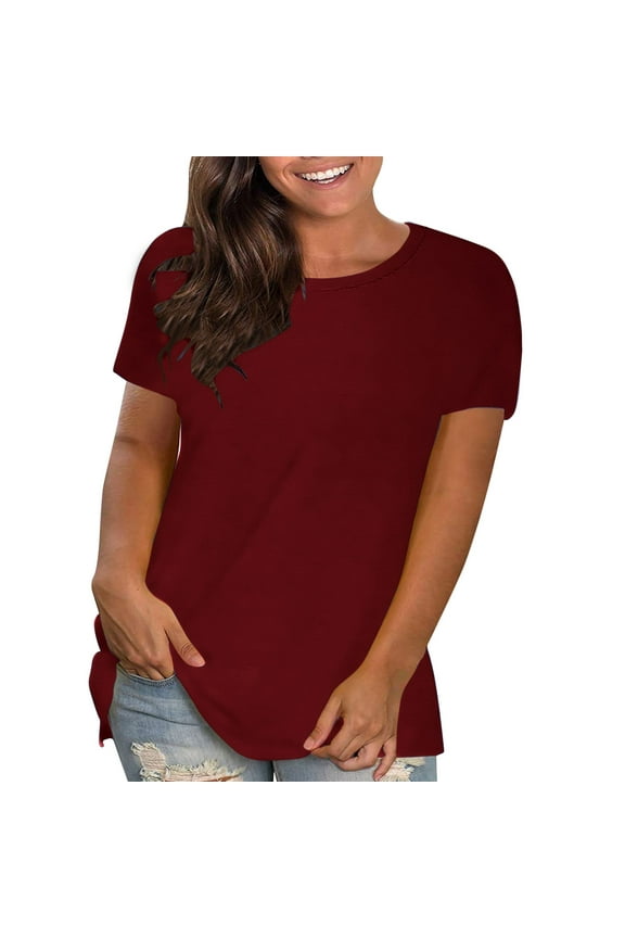 Womens Tops Under $10 Crew Neck Red Short Sleeve Solid T-Shirts Blouse for Women