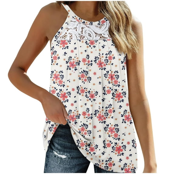 ALLLIST Womens Tops Clearance Under $10 Pink Crew Neck Pleated Floral Lace Sleeveless Tank Tops Womens Capris for Summer XL