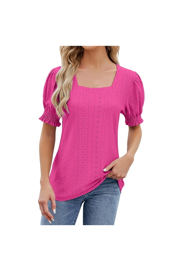Womens Tops Under $10 Pink Short Sleeve Hollow Square Neckline Solid T-Shirts Spring Blouses M