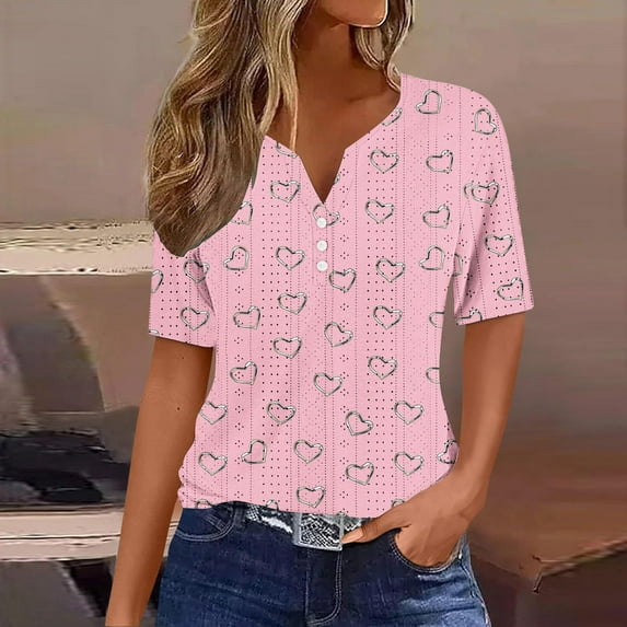 ALLLIST Womens Tops Under $10 Pink V-Neck Button Graphic Short Sleeve T-Shirts Womens Shirts Plus Size XXL