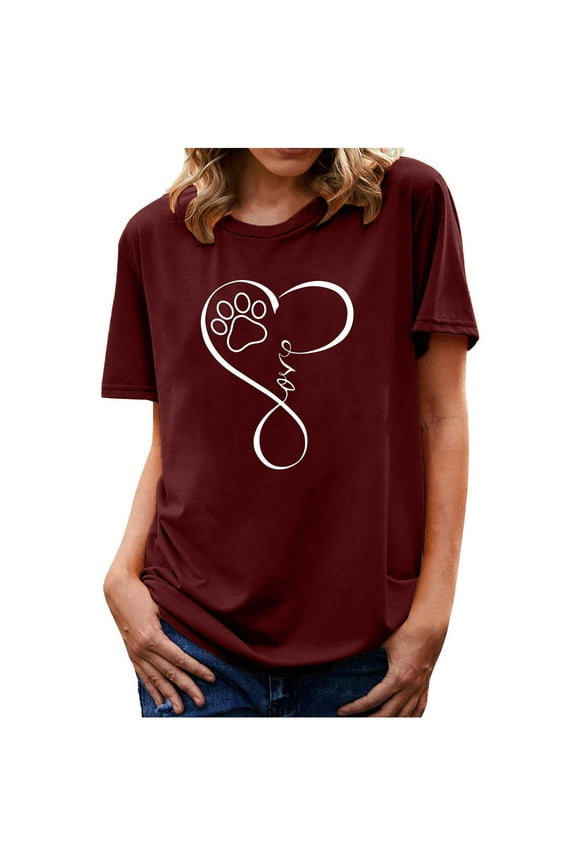 Womens Tops Under $10 Red Love Printed Short Sleeve Crew Neck T-Shirts Womens Shirts Under $5 XXL