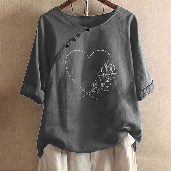 ALLLIST Womens Tops Clearance Under $10 Short Sleeve Gray Scoop Neck Graphic Button Casual T-Shirts Tees