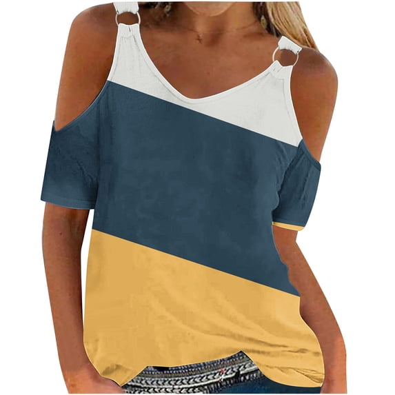ALLLIST Womens Tops Clearance Under $10 Yellow Hollow Short Sleeve V-Neck Geometric T-Shirts Blouses & Button-Down Shirts XXL