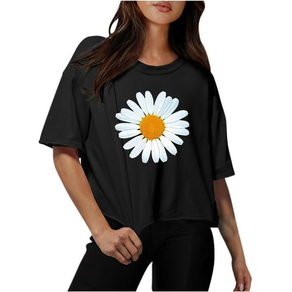 ALLLIST Womens Tops Under $5 Black Floral Short Sleeve Crew Neck Casual T-Shirts T Shirts for Women L