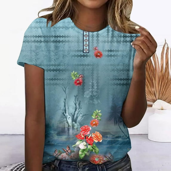 ALLLIST Womens Tops Clearance Under $5 Blue Casual Short Sleeve Crew Neck Floral T-Shirts Casual Blouses for Women S