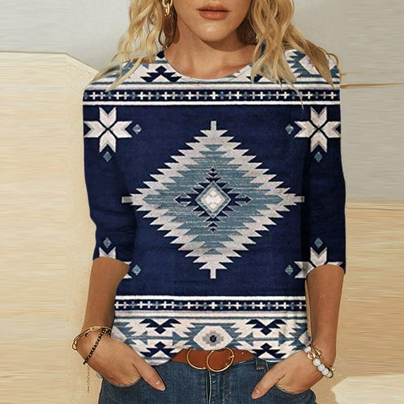 ALLLIST Womens Tops Clearance Under $5 Blue Crew Neck Boho Geometric 3/4 Sleeve T-Shirts Womens Shirts Clearance M