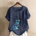 thumbnail image 1 of ALLLIST Womens Tops Clearance Under $5 Blue Crew Neck Short Sleeve Button Cotton and Linen Graphic T-Shirts Ladies Tops and Blouses XXL, 1 of 5
