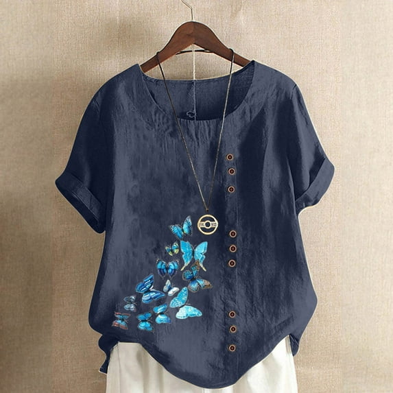 ALLLIST Womens Tops Clearance Under $5 Blue Crew Neck Short Sleeve Button Cotton and Linen Graphic T-Shirts Ladies Tops and Blouses XXL