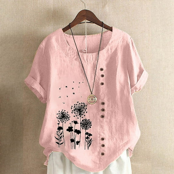 ALLLIST Womens Tops Clearance Under $5 Pink Cotton and Linen Crew Neck Button Floral Short Sleeve T-Shirts Womens Shirts Under $10 XXXL