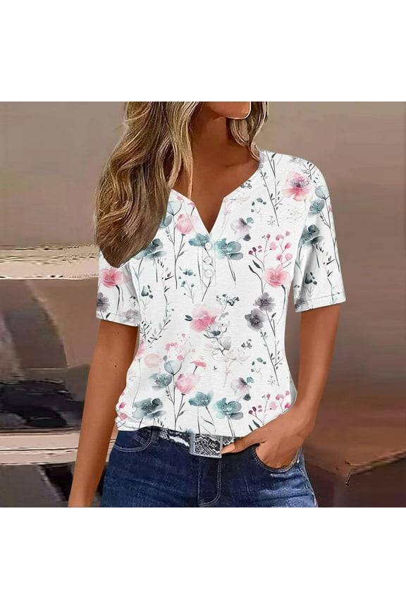 Womens Tops Under $5 Pink Short Sleeve Floral Button V-Neck T-Shirts Women Blouses S