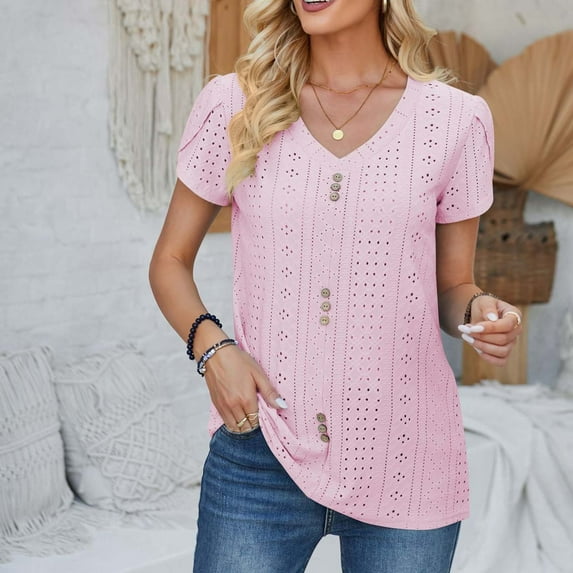 ALLLIST Womens Tops Clearance Under $5 Pink Solid Hollow Button V-Neck Short Sleeve T-Shirts Womens Shirts Plus Size XL