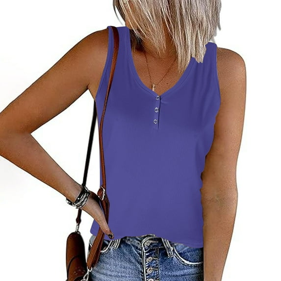 ALLLIST Womens Tops Under $5 Purple Button V-Neck Sleeveless Solid Tank Tops Womens Tank Top XL