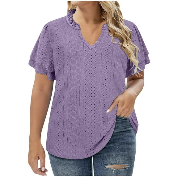 ALLLIST Womens Tops Clearance Under $5 Purple Short Sleeve Hollow V-Neck Solid Lace T-Shirts Casual Blouses for Women XXXXXL