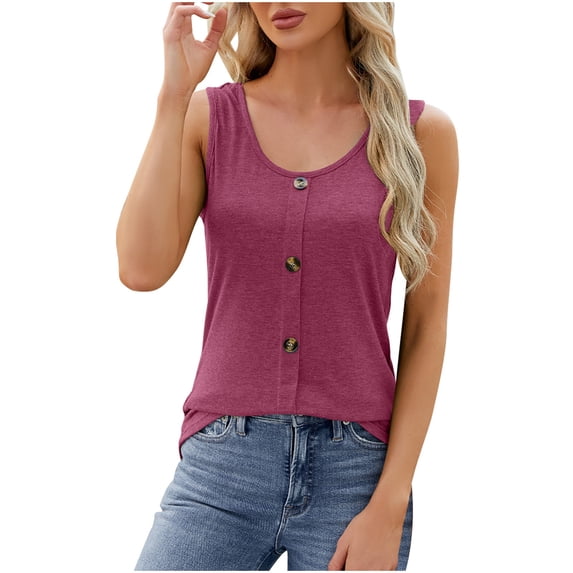 ALLLIST Womens Tops Clearance Under $5 Red Crew Neck Solid Button Sleeveless Tank Tops Womens Tank Tops S