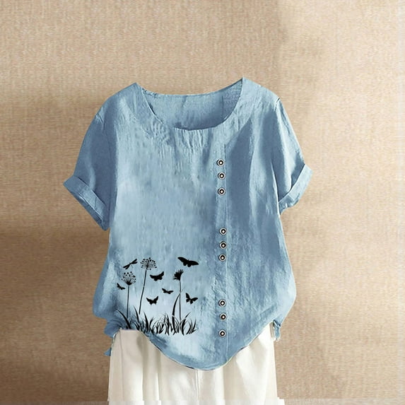 ALLLIST Womens Tops Clearance Under $5 Short Sleeve Scoop Neck Blue Floral T-Shirts Casual Button Womens Blouses Dressy Casual