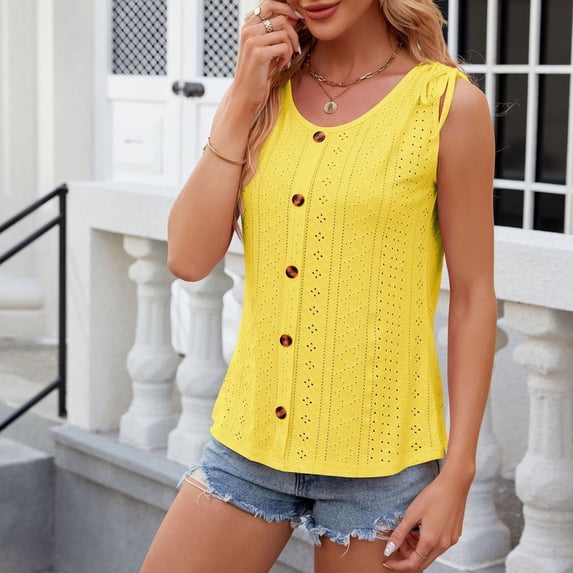 ALLLIST Womens Tops Clearance Under $5 Yellow Crew Neck Hollow Sleeveless Button Solid Tank Tops Tank L