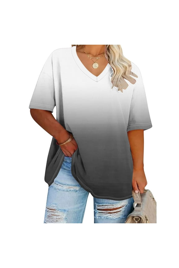 Womens Tops V-Neck Short Sleeve Black Gradient Casual Printed T-Shirts Womens Shirts Under $10