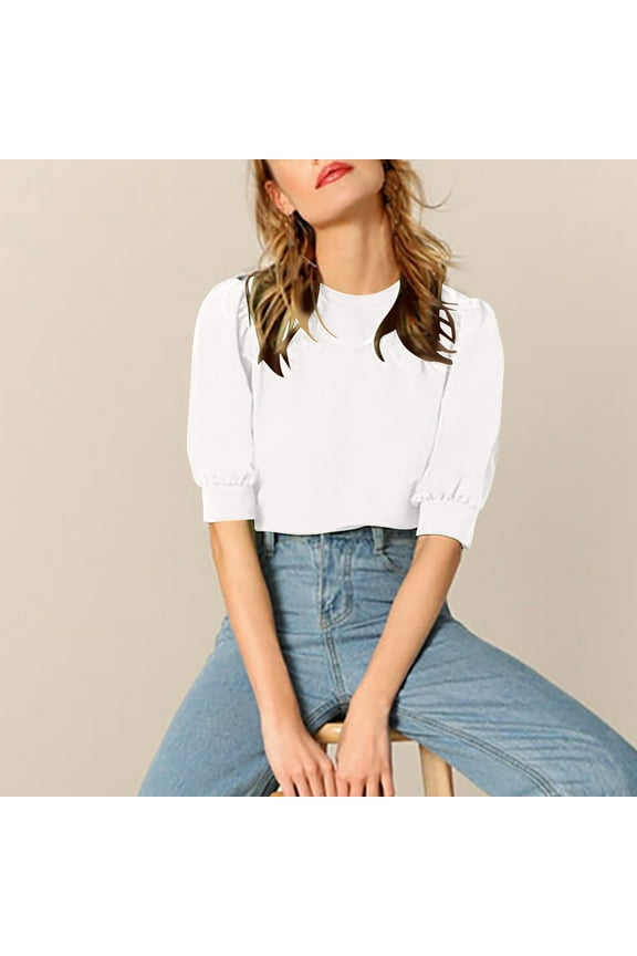 Womens Tops White Crew Neck Cropped Short Sleeve Solid T-Shirts Spring Blouses XL