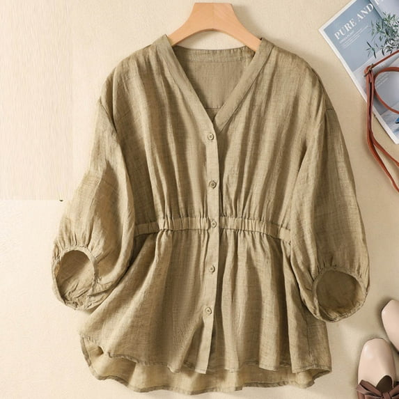 ALLLIST Womens Tops Clearance Yellow 3/4 Sleeve Button Cotton and Linen V-Neck Solid T-Shirts Blouses for Women Dressy Casual XXL