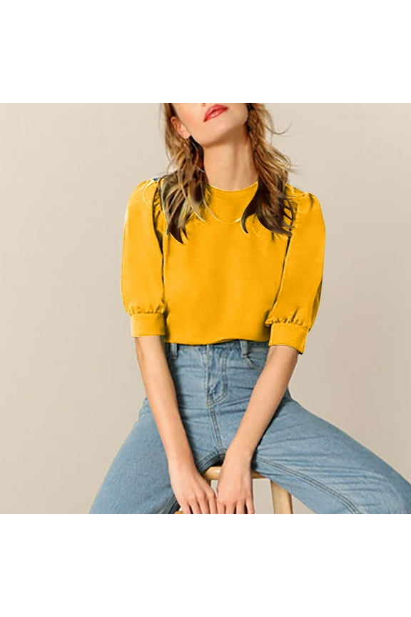 Womens Tops Yellow Short Sleeve Cropped Crew Neck Solid T-Shirts Blouses for Women Dressy Casual L