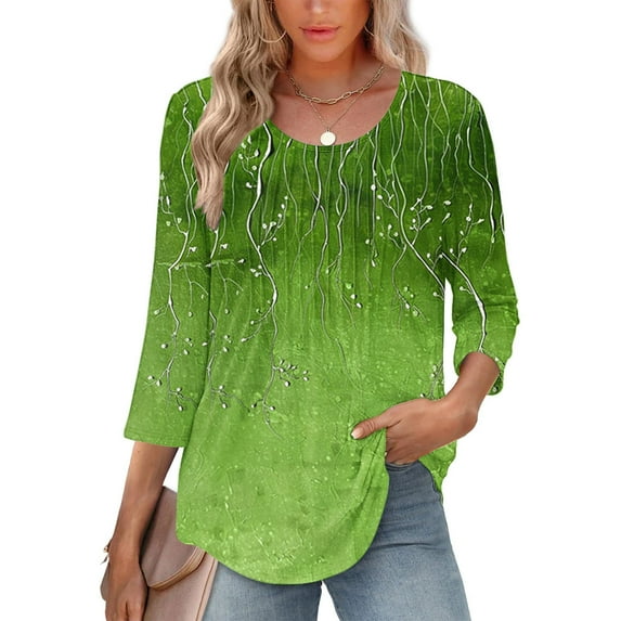 ALLLIST Womens Tops Crew Neck 3/4 Sleeve Cotton Linen Flounce Green Color Block Trendy Pleated Tunic Clothing for Ladies