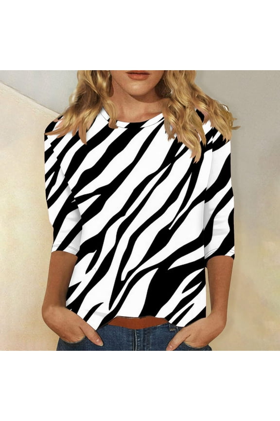 Womens Tops Crew Neck 3/4 Sleeve Summer Tee Shirts Striped Casual Pullover Womens Clothing