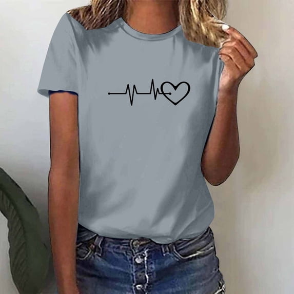 ALLLIST Womens Tops Crew Neck Holiday Short Sleeve T-Shirts Trendy Electrocardiogram Gray Shirts Womens Clothing
