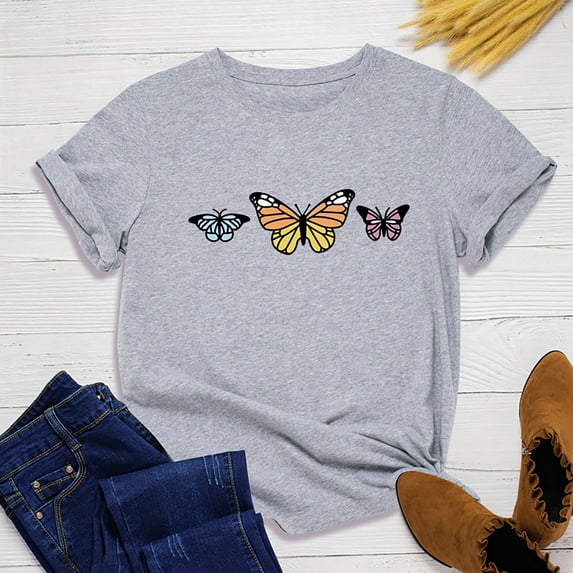 ALLLIST Womens Tops Crew Neck Short Sleeve Holiday T-Shirts Gray Casual Butterfly Shirts Ladie's Tops