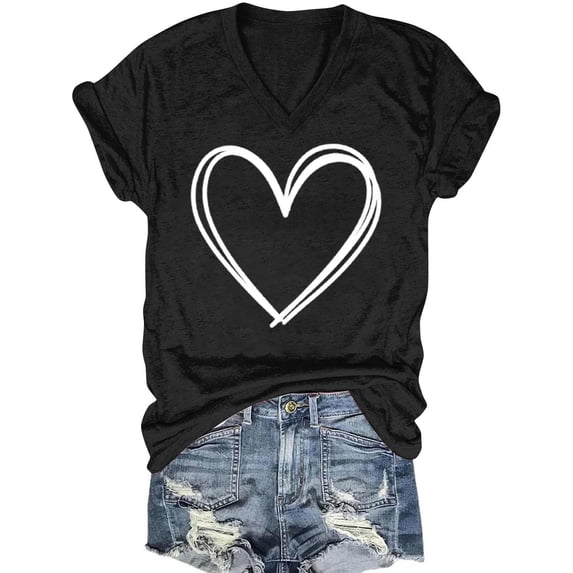 ALLLIST Womens Tops Going Out V Neck Short Sleeve T-Shirts Drop Shoulder Black Love Heart Pullover Tops for Ladies