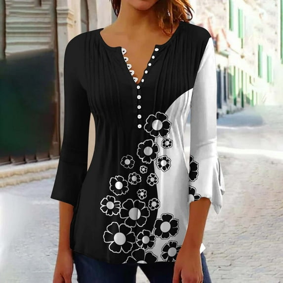 ALLLIST Womens Tops Henley Ruffle Bell Sleeve Flounce Pleated Floral Casual Blouse Ladie's Clothing