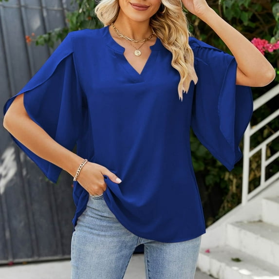 ALLLIST Womens Tops Loose Fit V-Neck 3/4 Sleeve Blouses Plain Ruffle Blue Shirts Tops for Ladies