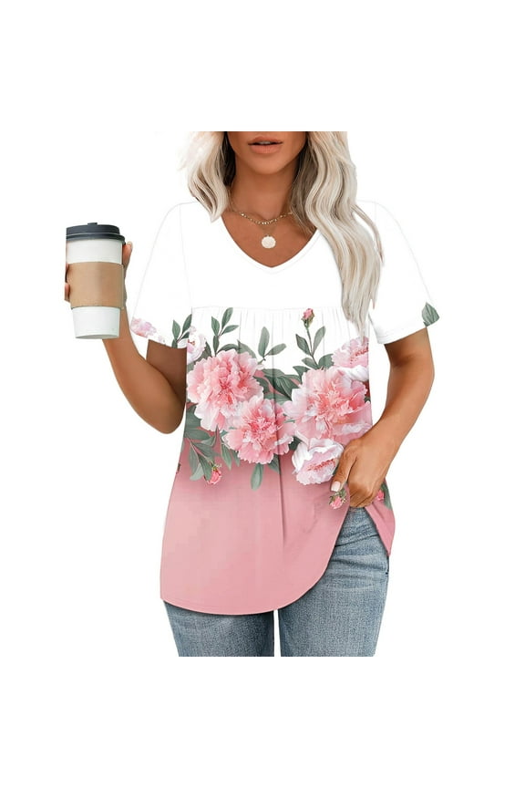 Womens Tops Pleated V Neck Short Sleeve Blouse Casual Floral Pink Tunic for Women
