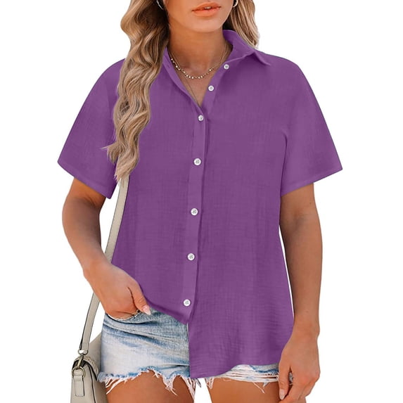 ALLLIST Womens Tops Plus Size Cotton Linen Short Sleeve Button Down Shirts Purple Solid Casual Shirts Ladies Tops