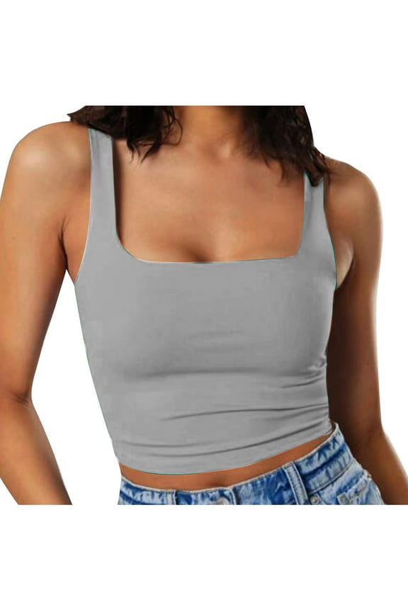 Womens Tops Plus Size Gray Solid Cropped Square Neckline Sleeveless Tank Tops Tank Tops for Women 2024 S