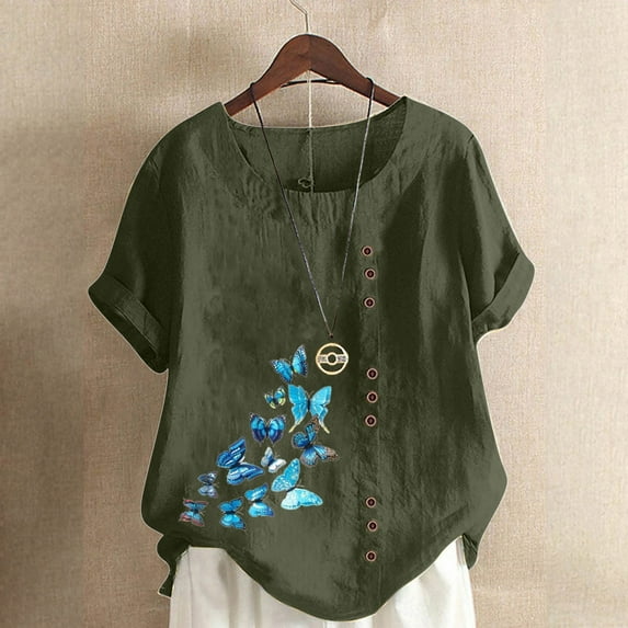ALLLIST Womens Tops Plus Size Green Short Sleeve Graphic Button Crew Neck Cotton and Linen T-Shirts Ladies Tops and Blouses XXXXL