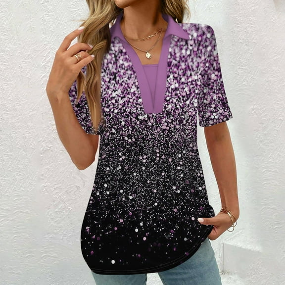 ALLLIST Womens Tops Short Sleeve Purple V-Neck Graphic Printed Casual T-Shirts Womens Shirts