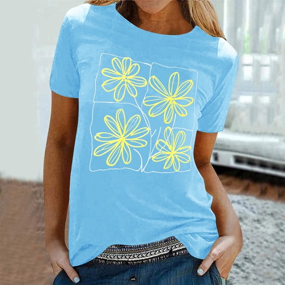 ALLLIST Womens Tops Short Sleeve Summer Floral T-Shirts Drop Shoulder Blue Pullover Women's Clothing