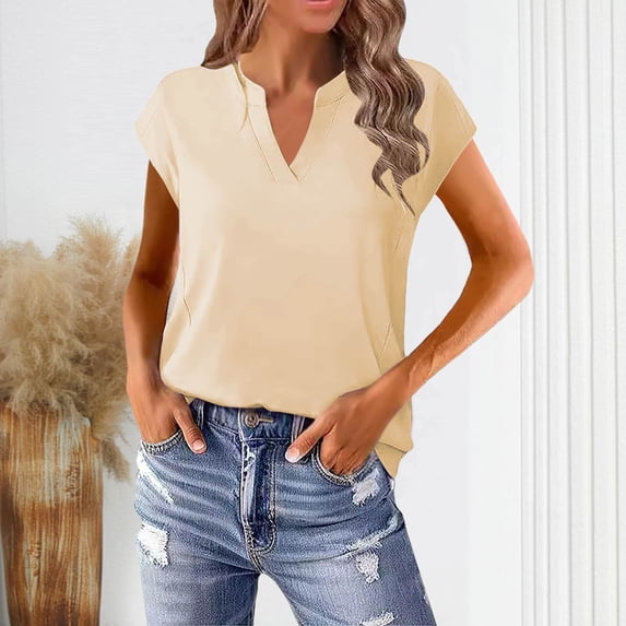 ALLLIST Womens Tops Short Sleeve Summer V Neck T-Shirts Beige Trendy Plain Shirts Womens Clothing